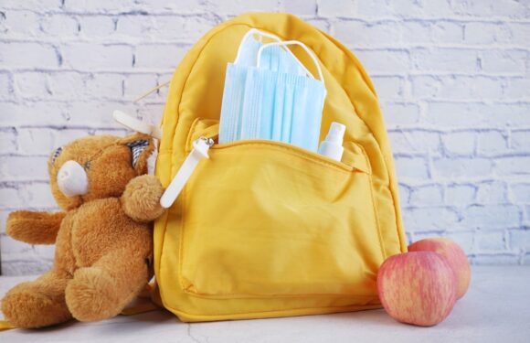 A bright yellow daycare bag packed with essentials including face masks, sanitizer spray, a soft teddy bear, and apples—perfect examples of daycare bag essentials for young children.